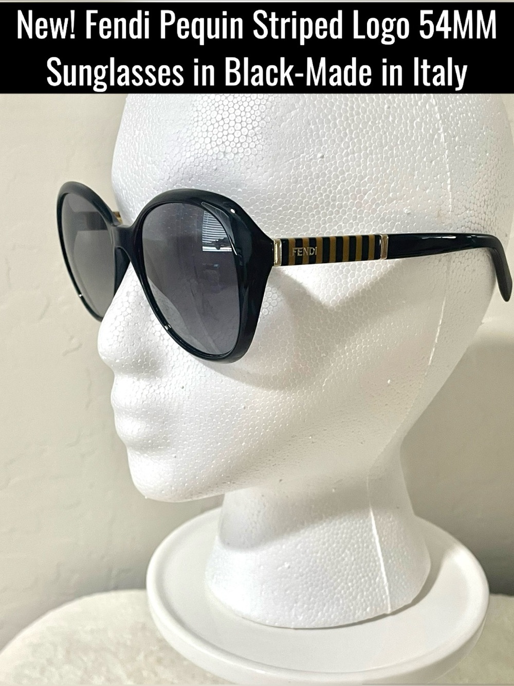 New! Fendi Pequin Striped Logo 54MM Sunglasses in Black-Made in Italy